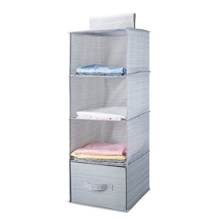 Mee'life Collapsible 4-shelf Hanging Closet Organizer Set with 1Drawer Foldable Thick Cardboard Boards Inside Suit for Clothes Sweaters Shoes Storage Hanging Wardrobe Storage Shelves Shoe Rack (Light Gray)
