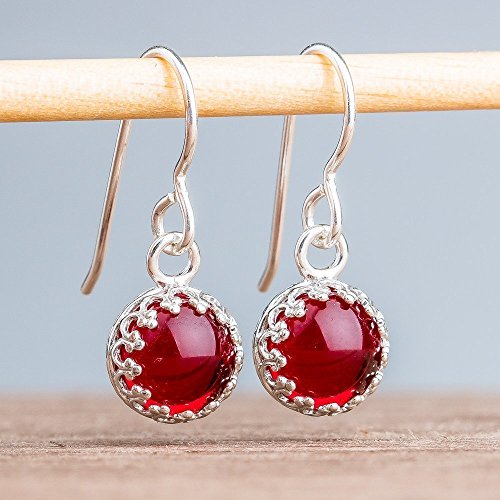 Dark Red Glass Dangle Drop Earrings in Sterling Silver with Princess Crown Settings