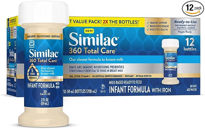 Similac 360 Total Care Infant Formula, with 5 HMO Prebiotics, Our Closest Formula to Breast Milk, Non-GMO, Baby Formula, Ready-to-Feed, 2-fl-oz Bottle (Case of 12)