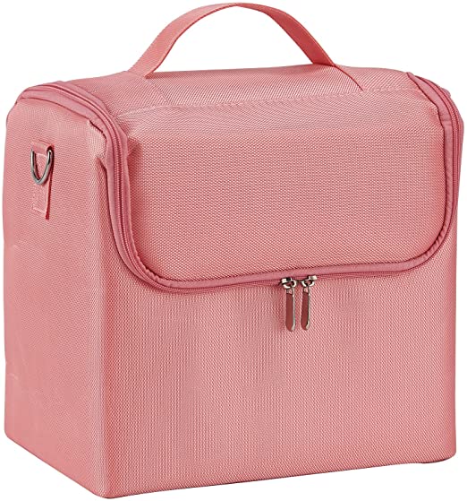 Large Beauty Makeup Nail Art Cosmetics Box Vanity Case Jewellery Storage Holder with Carry Strap Nylon Fabric Pink, 29cm x 21cm x 25cm