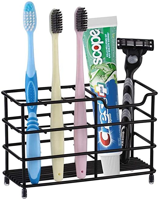 Topsky Toothbrush Toothpaste Holders Stainless Steel Bathroom Stand 7 Slots Electric Tooth Brush Rack Shelf for Bathroom Countertop Sink, Simple, Easy to Clean, Rustproof (Black)