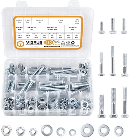 VIGRUE 180PCS Heavy Duty Hex Bolts Nuts Flat Spring Washers Assortment Kit, Includes 9 Common SAE Sizes