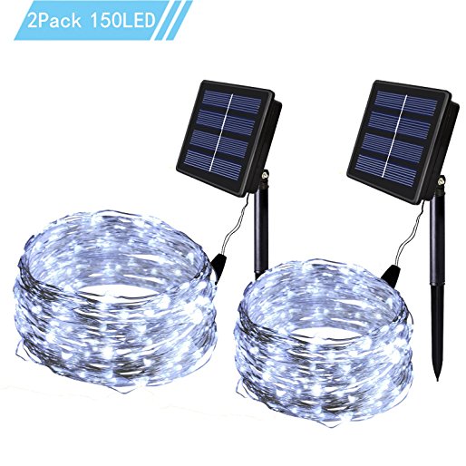 Solar Lights Outdoor String Lights - Solarmks 8 Modes 150 LED Copper Wire Lights Bendable Fairy Lights ,Ambiance Outdoor Lighting for Garden, Patio, Xmas Tree,Christmas Party (White, 2 Pack)