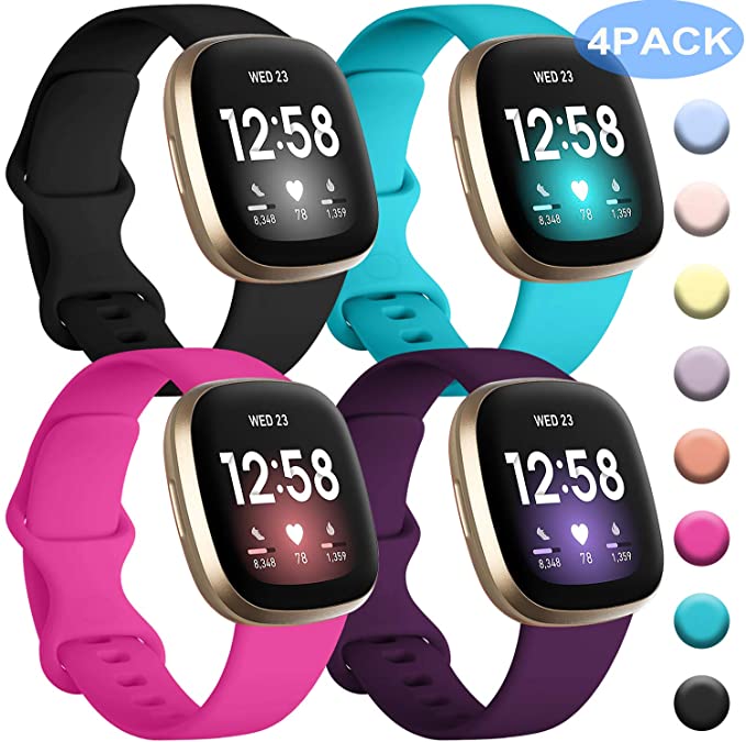Getino 4 Pack Bands Compatible with Fitbit Sense and Fitbit Versa 3, Soft Waterproof and Durable Silicone Sport Strap, Adjustable Replacement Wristbands for Women Men, Small Black/Plum/Rose/Teal