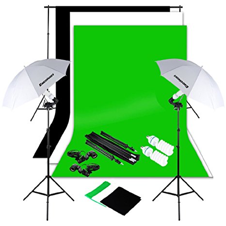 Excelvan Studio Umbrella Continuous Lighting Backdrop Kit - 3 Muslin Backdrops (White,Green,Black)   2 Umbrellas   2X 125W Light Set   Background Support Stand System   Lighting Stand   Portable Bag