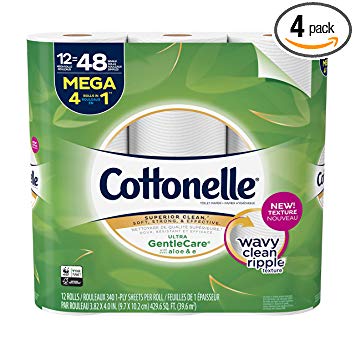 Cottonelle Ultra GentleCare Toilet Paper, 12 Mega Rolls, 4 Pack, 48 Total Mega Rolls, Sensitive Bath Tissue with Aloe & Vitamin E