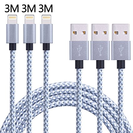 Lightning Cable,ONSON 3Pack 3m/10ft Extra Long Nylon Braided Apple iPhone Charger Cable Charging Lead Cord USB Wire for iPhone 7/7 Plus/6S Plus/6 Plus/5/5S/5C/SE,iPad Pro/Air/mini,iPod(Gray White)