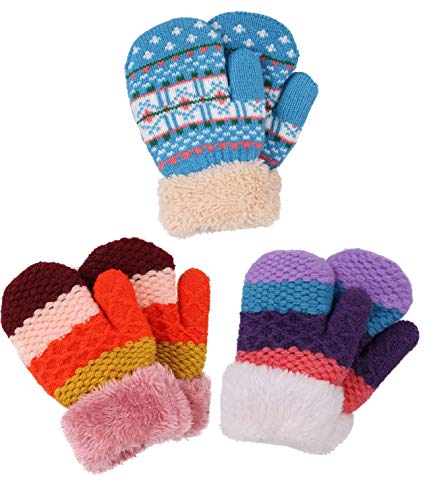 Verabella Boys & Girl's Sherpa Lined Fuzzy Cuff Winter Mittens Kids Knitted Gloves 3 Pairs