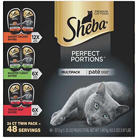 SHEBA PERFECT PORTIONS Multipack Savory Chicken, Roasted Turkey, and Tender Beef Entrée Wet Cat Food 2.6 oz. (24 Twin Packs)