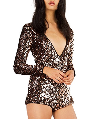 Haoduoyi Womens Stunning Sequins V Neck Cut Out Backless Mermaid Clubwear Romper Jumpsuit