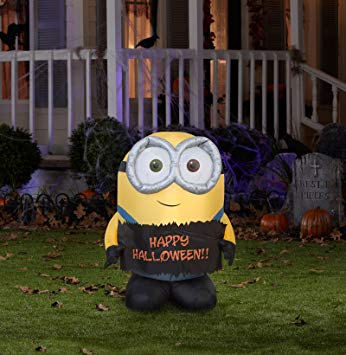 Gemmy Airblown Inflatable Bob The Minion Holding Happy Halloween Sign - Indoor Outdoor Holiday Decoration, 3-Foot Tall