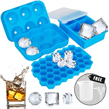 Ice Cube Tray, AiBast Ice Trays for Freezer With Lid, 3 Pack Silicone Large Round Ice Cube Tray, Sphere Square Honeycomb Ice Trays for Whiskey With Covers&Funnel,Reusable Ice Cube Trays BPA-Free Blue