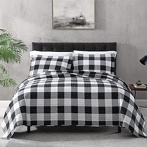 EXQ Home Quilt Set King Size 3 Piece,Lightweight Microfiber Coverlet Modern Style Black and White Squares Pattern Bedspread Set(1 Quilt,2 Pillow Shams)