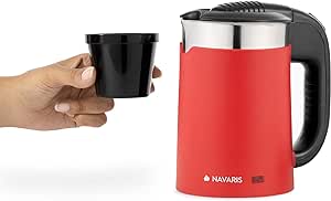 Navaris Compact Electric Travel Kettle - 0.5 L Travel Jug Kettle with Dual Walls and Boil Dry Protection - Small 1100W Red Holiday Kettle w/ 2 Cups