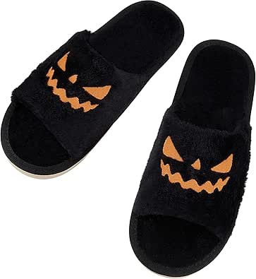 SATINIOR Spooky Slides Halloween Slippers Jack O Lantern Pumpkin Soft Plush Open Toe Indoor Outdoor Fuzzy Slippers Gifts for Girls Women Girlfriend Men(9-10)