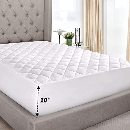 Abit Comfort Mattress cover, Quilted fitted mattress pad queen fits up to 20" deep hypoallergenic comfortable soft white cotton-poly