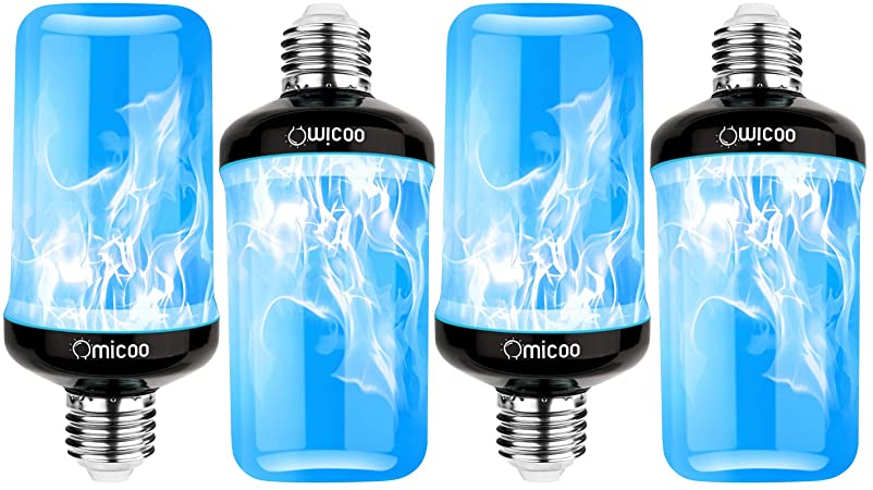 Omicoo LED Flame Effect Light Bulb (4 Pack), Blue Fire Bulb,4 Modes Flame Light Bulbs with Gravity Sensor, E26 A19 Base, Vintage Flame Bulb for Atmosphere Festival Christmas Decoration