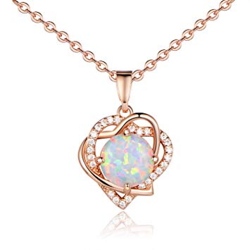 VOLUKA Rose Gold Plated Round Synthenic Opal Heart Shape CZ Halo Pendants Necklace for Women and Girls