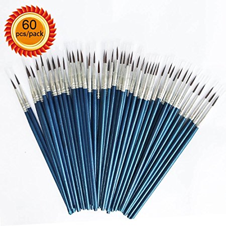[60 Pack]Pointed Round Painting Brush,Hand Made Thread Drawing Brush,Detail Paint Brush for Acrylic, Oil and Watercolor (L(#000))