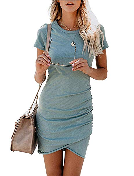 Tshirt Dresses for Women - Cute Tulip Cut Ruched Bodycon Mini Dresses Sheath Sundress