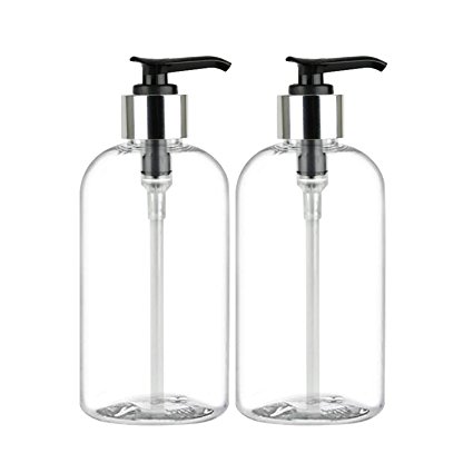 MoYo Natural Labs 8 oz Pump Dispenser, Boston Round Empty Soap Lotion Pump Bottles with Silver Locking Cap, BPA Free PET Plastic Containers for Essential Oils/Liquids (Pack of 2, Clear)