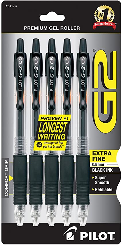 PILOT G2 Premium Refillable & Retractable Rolling Ball Gel Pens, Extra Fine Point, Black Ink, 5-Pack (31173)