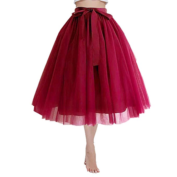 Minyue Women's Tulle Skirt A Line Midi/Knee Length Tutu 6 Layered Pleated Dance Skirt