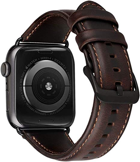 MroTech Compatible with Apple Watch Band 44mm 42mm Men Women Genuine Leather Strap Vintage Bands Replacement for iWatch Series 4 3 2 1 Sport Edition-Coffee Bracelet Black Clasp 42/44 mm