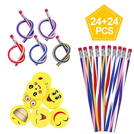 Soneer 48pcs soft Flexible Magic Bendy Pencils,Emoji Smiley Rubbers Erasers,Toys School Stationary Equipment for Kids Party Bag Fillers, Funny Gift Idea, Multicolored