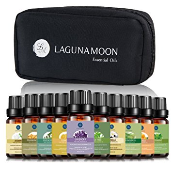 Lagunamoon Essential Oils with Free Travel Bag,Premium Therapeutic Top 10 Aromatherapy Oils-Lavender Frankincense Peppermint Jasmine Lemongrass Eucalyptus