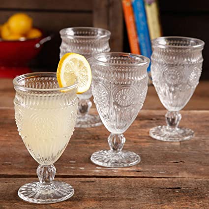 The Pioneer Woman Adeline Embossed 12-Ounce Clear Footed Glass Goblets, Set of 4 by The Pioneer Woman