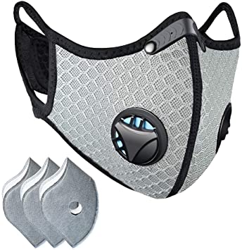 Dust mask with Filter,Sports Face Mask, 3 Filters and 2 Valves Included,Men's and Women's Universal Masks,Suitable for Woodworking, Outdoor Activities(Gray)