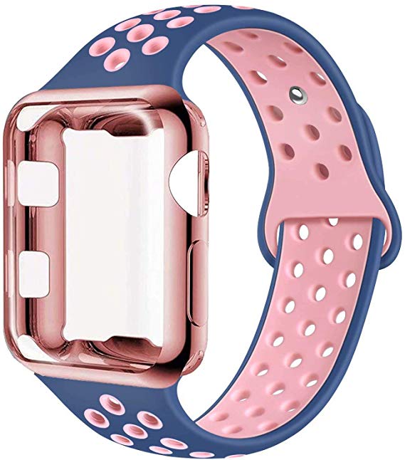 ADWLOF Compatible with Apple Watch Band with Case 38mm 40mm 42mm 44mm, Silicone Replacement Strap with Screen Protector Cover for Wristband for iWatch Series 5/4/3/2/1, Nike , Sport, Edition