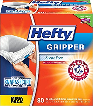 Hefty Gripper Trash Bags (Tall Kitchen Drawstring, 13 Gallon, 80 Count)