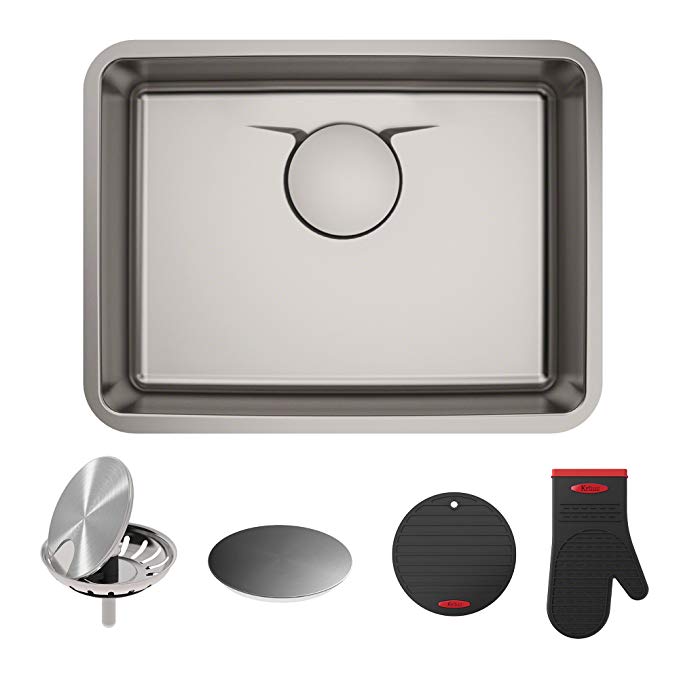 Kraus KD1US25B Dex Inch Undermount T304Plus TRU16 Gauge Stainless Steel Kitchen Sink with Drainassure Waterway and Versidrain Assembly, 25" Single Bowl, Radiant Pearl Finish