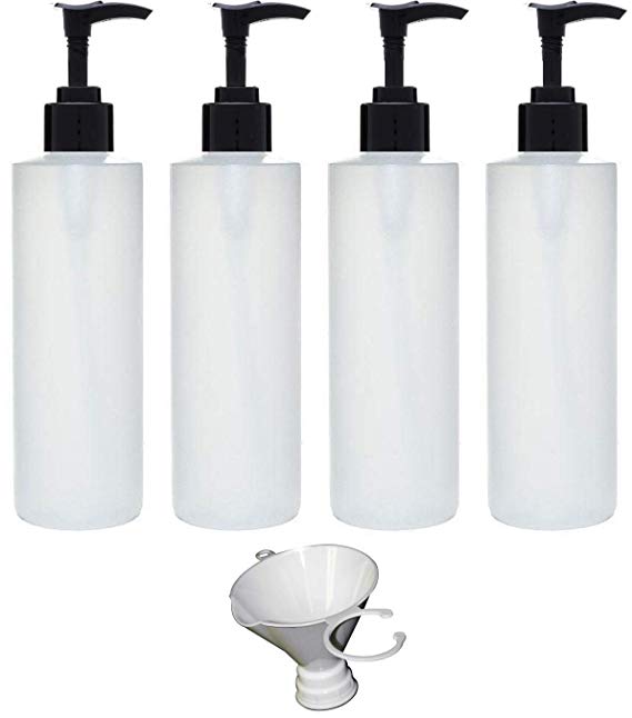Earth's Essentials Four Pack of Refillable 8 Oz. HDPE Plastic Pump Bottles with Patented Screw On Funnel-Great for Dispensing Lotions, Shampoos and Massage Oils.
