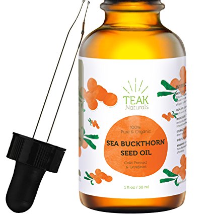 SEA BUCKTHORN SEED OIL by Teak Naturals - Organic Sea Buckthorn Seed Oil - 100% Pure Cold Pressed & Unrefined - 1 oz for Added UV Protection, Anti-aging & Acne Relief (1 oz)