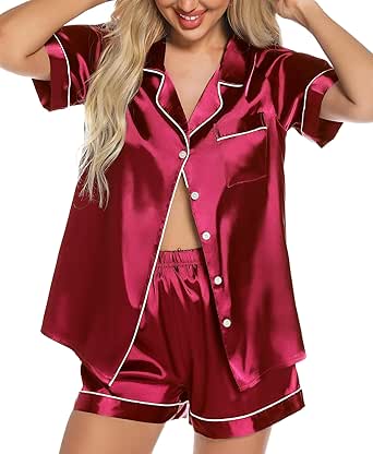 Samring Women's Silk Satin Pajamas Set Short Sleeve Sleepwear Two Piece Button Down Pj Set with Pockets S-XXL