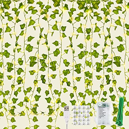 KASZOO 12 Pack Artificial Ivy Leaf Plant with 252 LED Fairy Window Curtain String Lights, Fake Plants Vine Hanging Garland, Hanging for Wall Party Wedding Room Home Kitchen Indoor & Outdoor Decoration