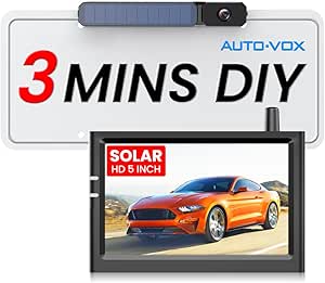 AUTO-VOX Solar Wireless Backup Camera with 5" HD Monitor, 3Mins DIY Install & Battery Powered Back Up Camera Systems,IP69K Waterproof Reverse Camera for Car, Van, SUV, Pickup Truck, Trailer