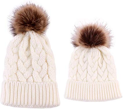 2PCS Mother&Baby Hat Parent-Child Hat Family Matching Cap Winter Warmer Knit Wool Beanie Ski Cap