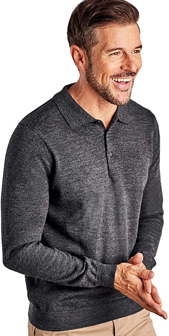 Woolovers Mens New Merino Long Sleeve Polo Shirt Top Charcoal M