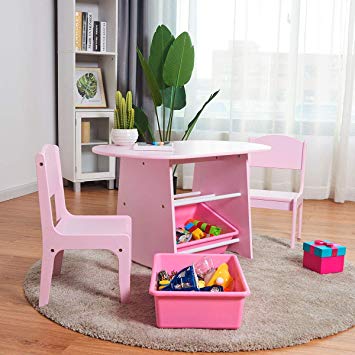 COSTWAY Kids Table Chair Set with 2 Plastic Storage Bins, Portable & Lightweight Wooden Table and 2 Chairs for Dining Room, Living Room, Bedroom (Pink)