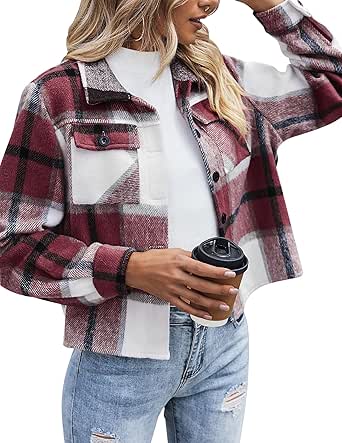 Zeagoo Flannels for Women Cropped Shacket Jacket Fashion Plaid Button Down Shirt 2024 Fall Coat Tops