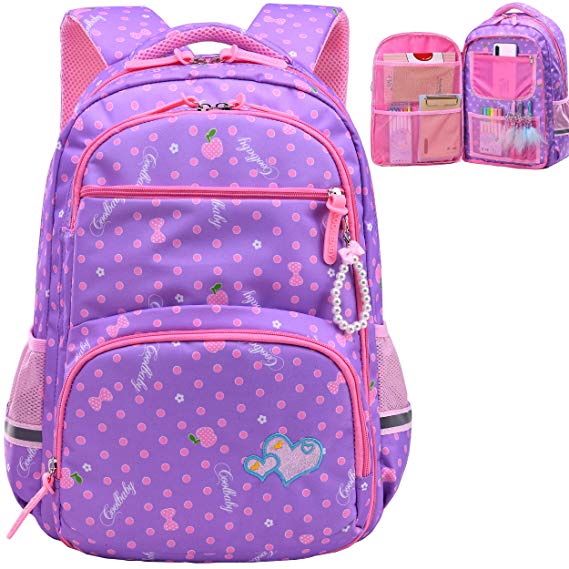 Water Resistant Girls Backpack for Primary Elementary School Large Kids Bookbag Laptop Bag (Small, Style 1- Purple)