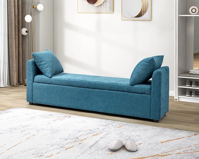 HULALA HOME Modern Storage Bench with Throw Pillows, 59.4" Extra Long Bedroom Ottoman Bench for End of Bed, Comfy Upholstered Footstool for Entryway Dining Room Living Room, Teal