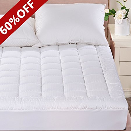 Merous Twin Size Cotton Hypoallergenic Fitted Quilted Mattress Pad Topper - Stretches up to 18 Inches Deep