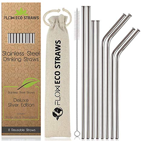 Reusable Stainless Steel Drinking Straws, Deluxe Drinks Cocktail Straws with Rounded Sipping Ends, Scratch Proof Rust Proof Bar/Restaurant Silver Straw Set by Flow Barware