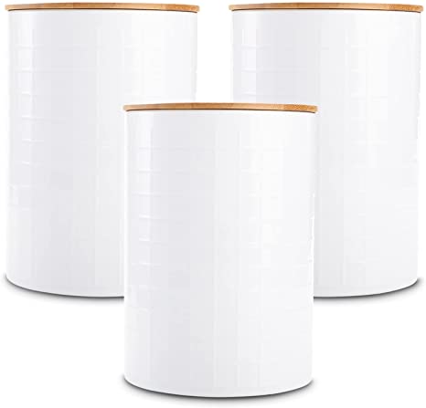 Fasmov 3 Pack Kitchen Canisters with Bamboo Lids, Perfect Coffee Tea Food Storage Candy Sugar Canisters, Modern Design Jar Kitchen Container, Airtight Metal Canister Set (White)