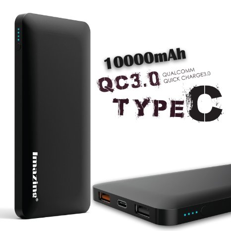Imazing 10000mah Qualcomm Quick Charge 3.0 Type C 5V/3A input & output Power Bank Portable Charger External Battery Pack 3A   3.0 5V 9V 12V (Black)